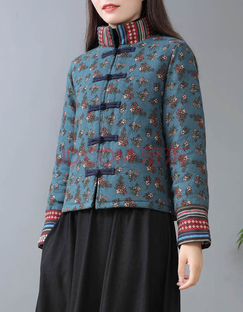 秋冬新款民族风女装棉服复古印花棉麻小棉袄短款夹棉棉衣外套女 蓝色