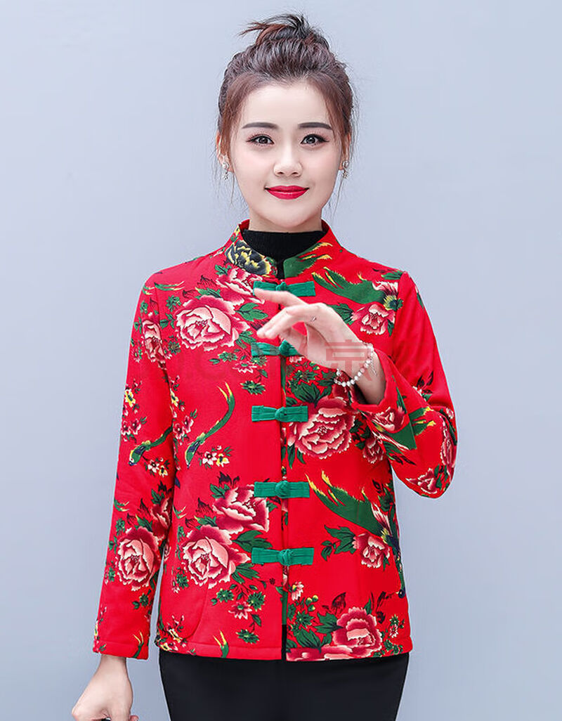 中年妈妈唐装短款棉袄女秋冬加绒外套复古印花薄款民族风小棉衣 红色