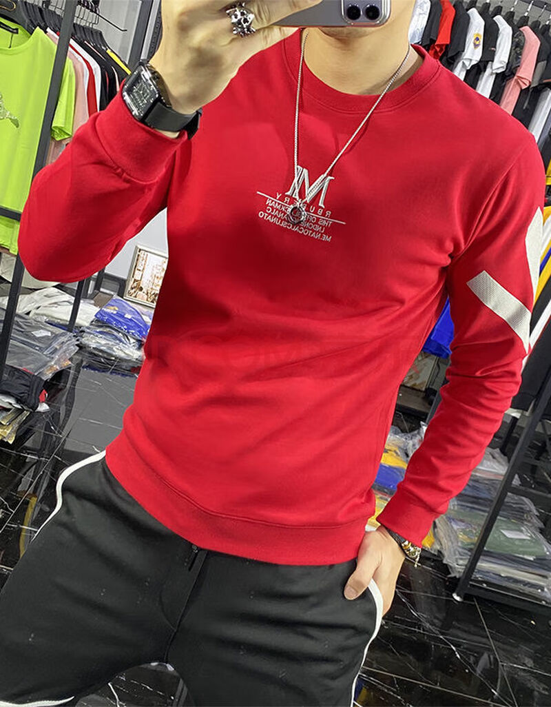 欧洲站潮牌m字母刺绣卫衣男时尚修身帅气ins网红长袖t恤 红色 365m字