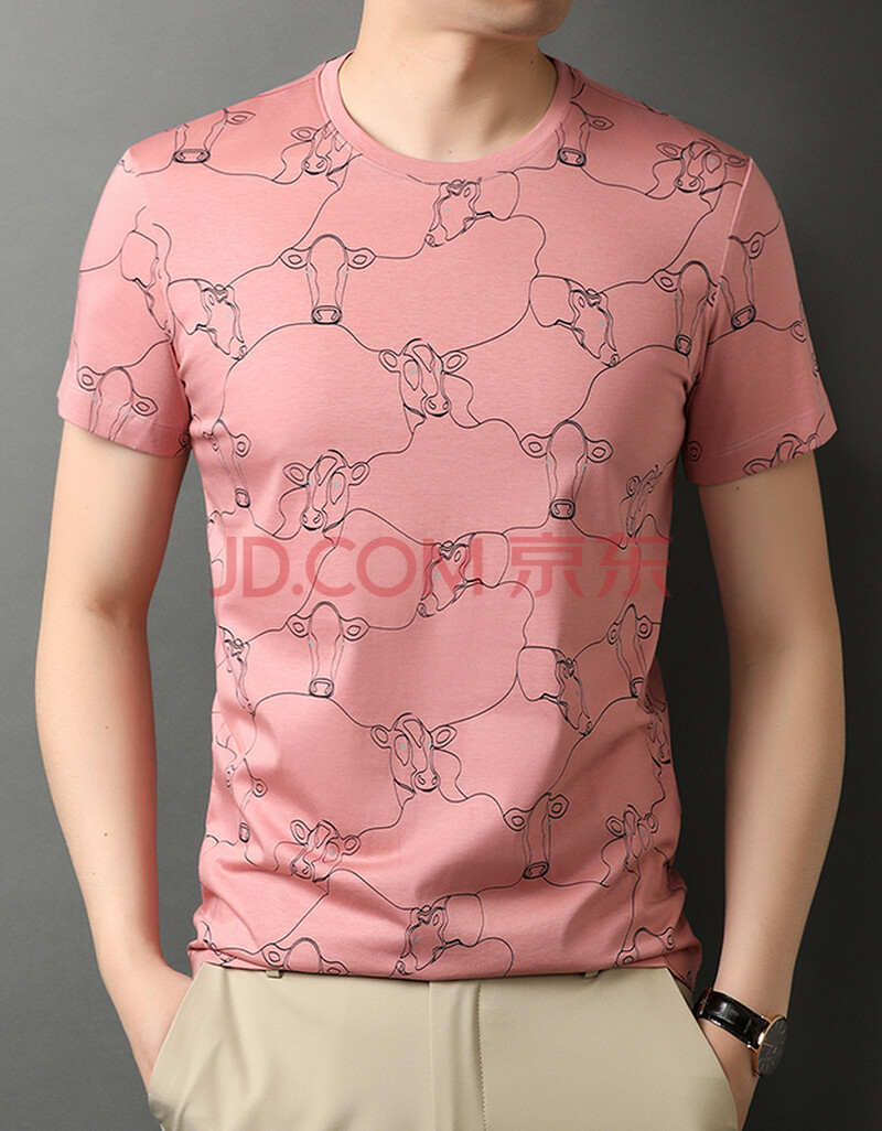 记香港潮牌2021春季新款高端男士纯色时尚休闲流行圆领短袖t恤男 粉色