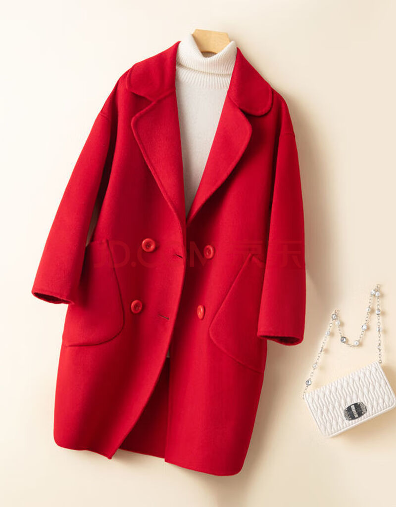 秋冬双面呢大衣女中长款羊毛呢子外套韩版羊绒大衣 红色 m