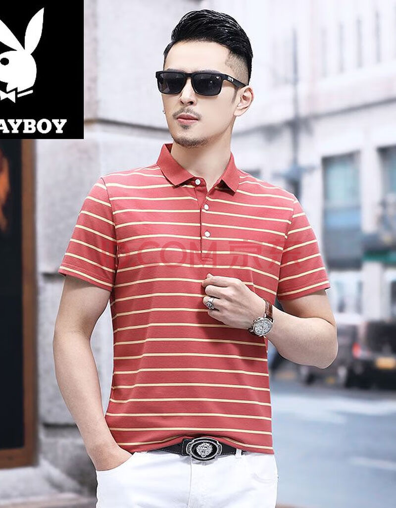 花花公子品牌专卖 花花公子短袖恤男士成熟款中年人条纹衫带领t恤半袖