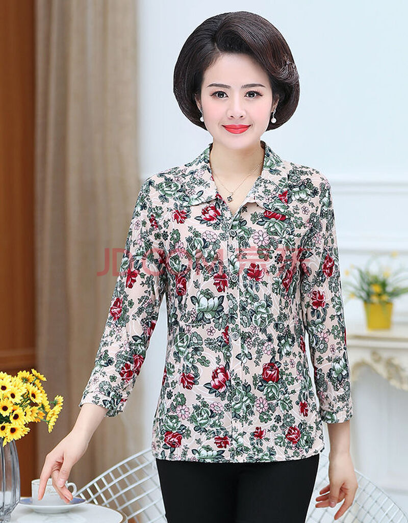 (春季新款)中老年人女装夏装长袖上衣衬衫夏天衣服女人妈妈春秋中年