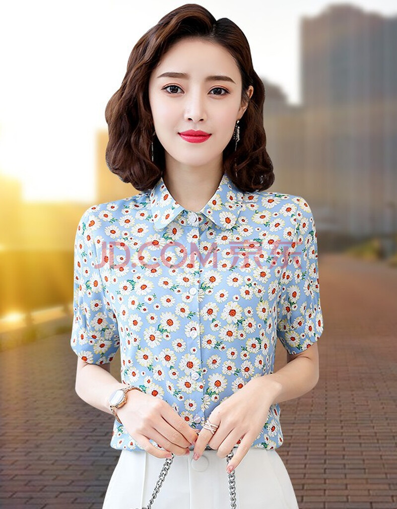 短袖衬衫女碎花中年衬衣妈妈半袖上衣女装 月兰 s