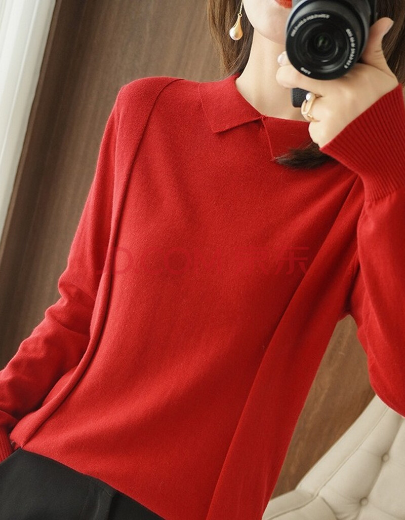 春夏新款女长袖针织衫韩版修身娃娃领薄款毛衣纯棉针织套头衫 大红色