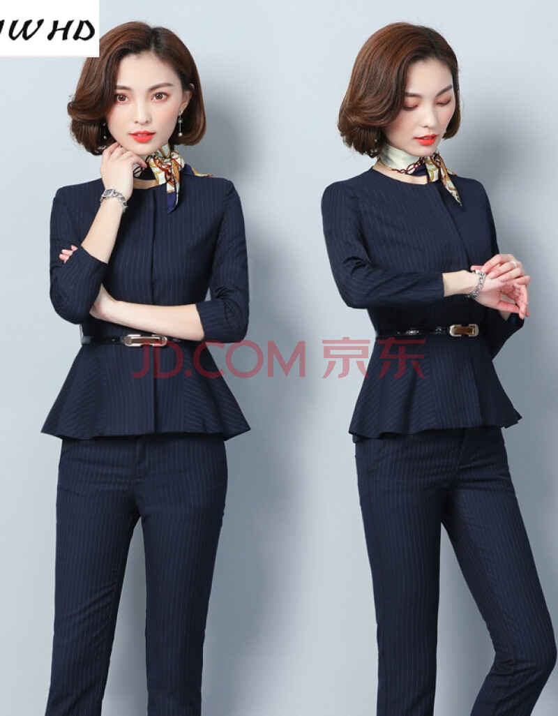 conwhd房地产置业顾问工作服职业套女春夏季气质修身长袖条纹酒店前台
