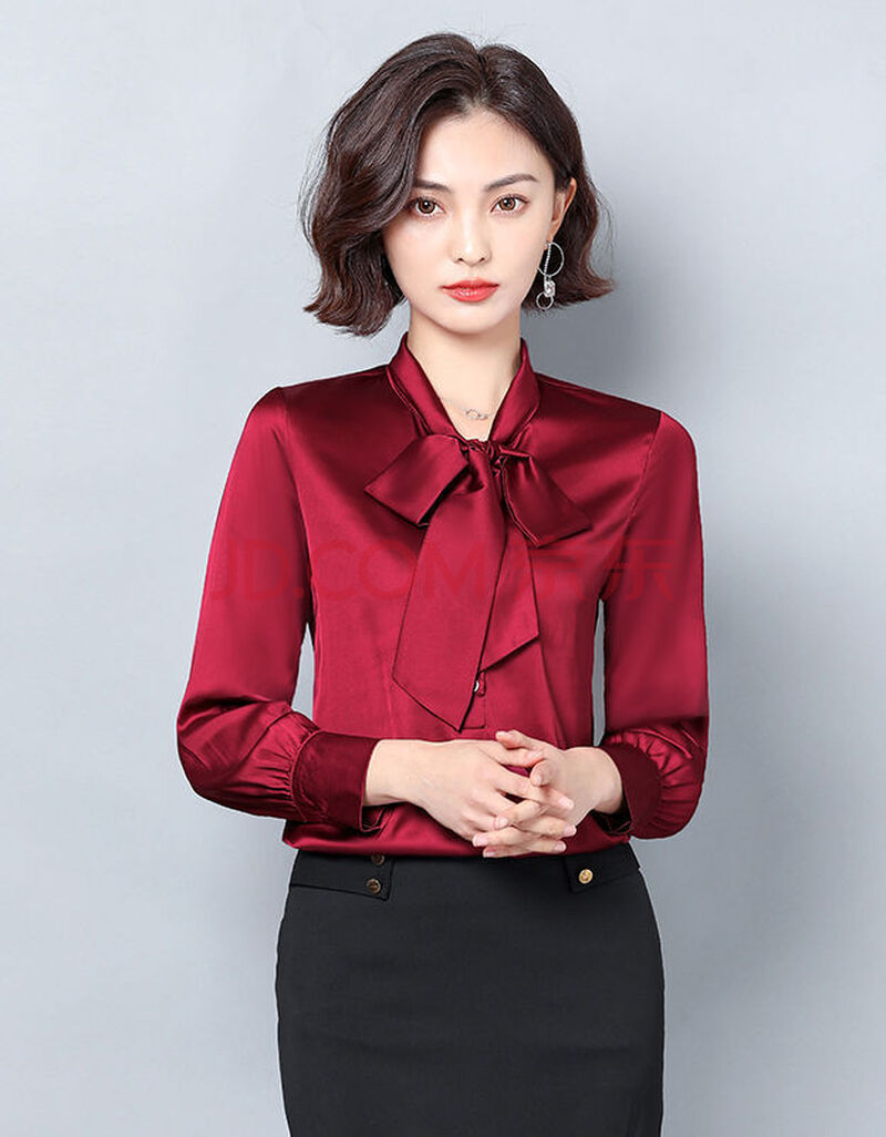 系带蝴蝶结雪纺衫长袖衬衫女装ol职业简约色衬衣绸缎亮面上衣 酒红色