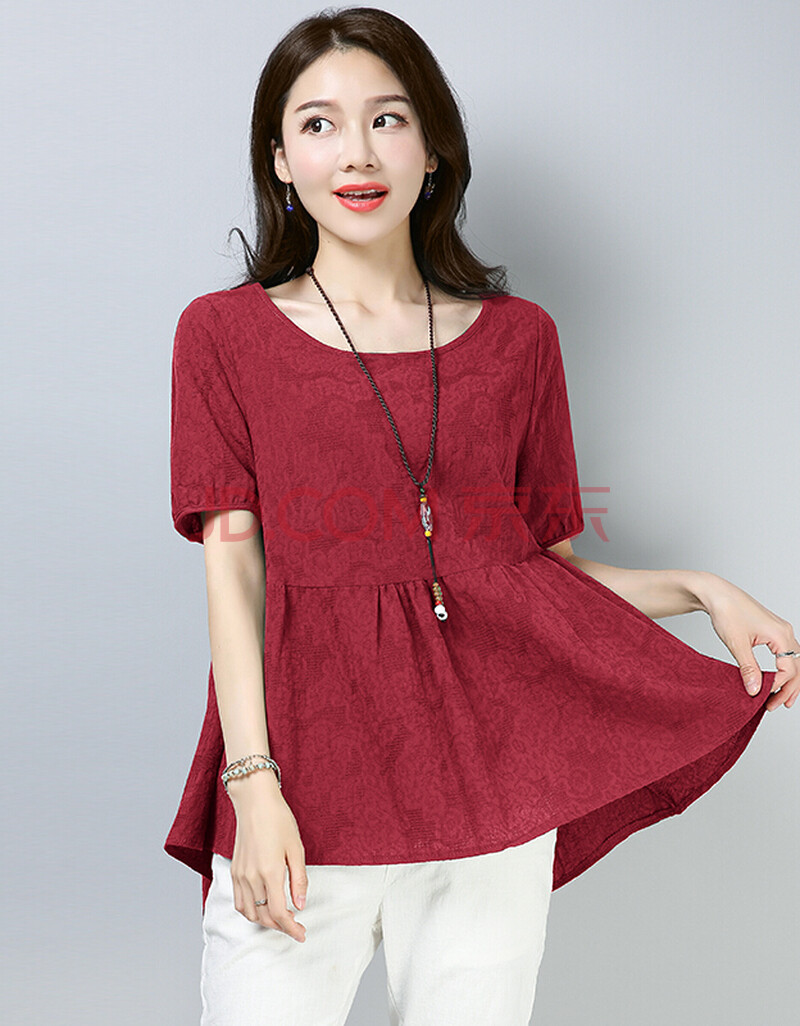 棉麻t恤女夏短袖圆领宽松遮肚子显瘦大码色娃娃衫亚麻棉上衣女 枣红色