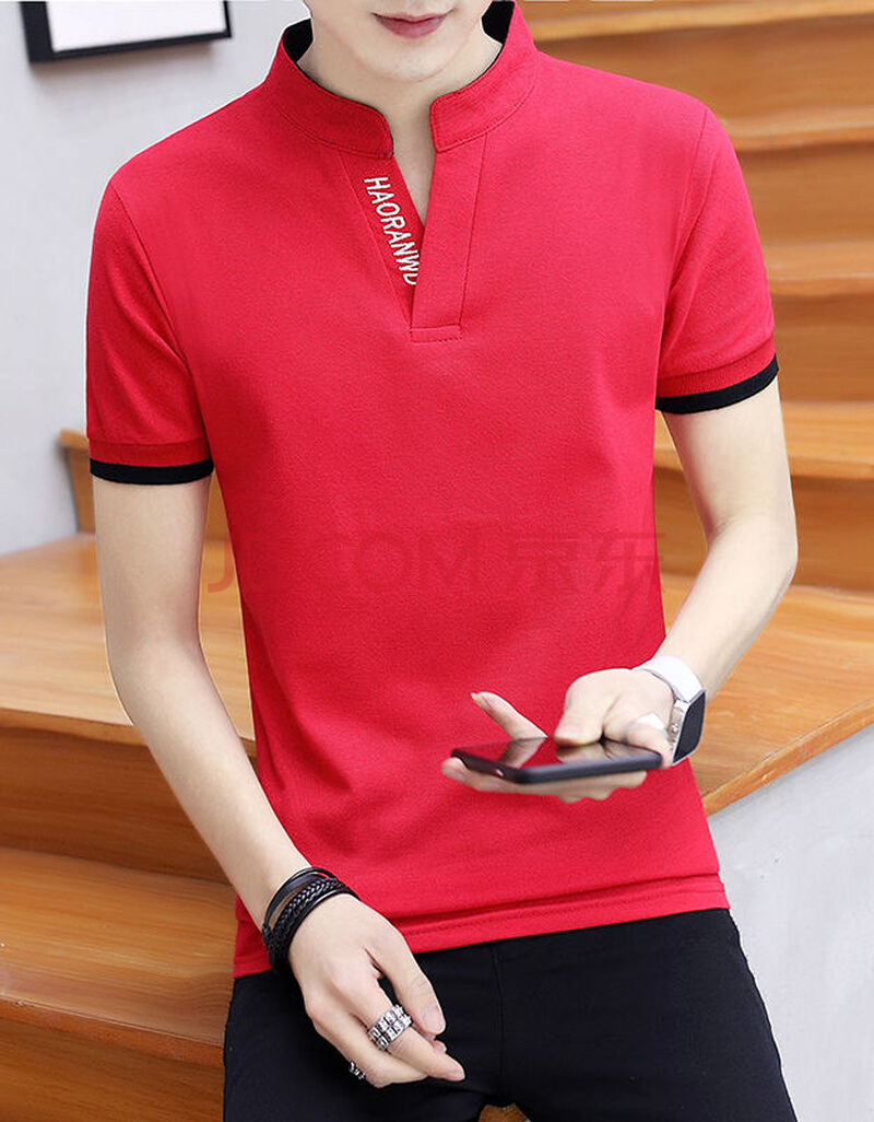 商城同款男polo衫男士免烫有领t恤短袖男v领男装夏装潮打底衫t恤 红色