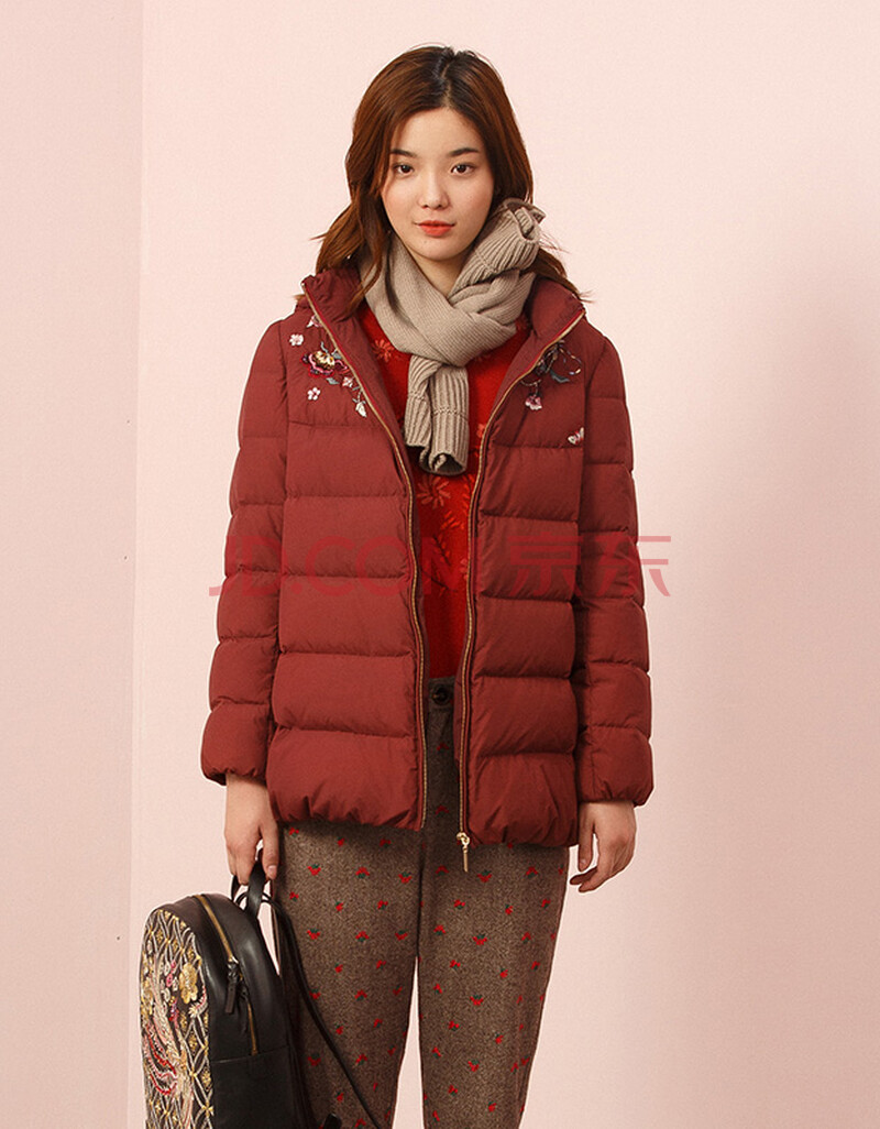 渔牌羽绒服2020年新款女白鸭绒保暖羽绒绣花中款保暖外套 暗红 170