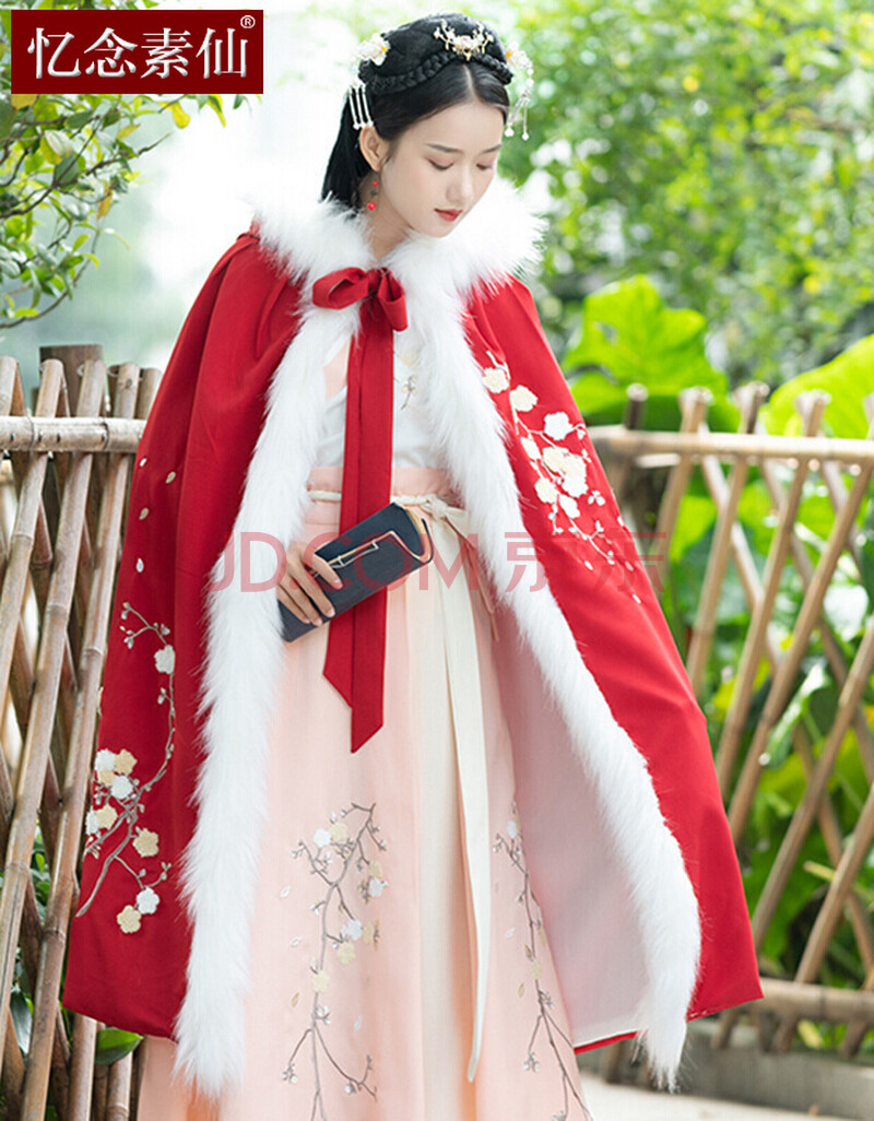 忆念素仙原创汉服女装古装改良唐装古风中国风绣花毛领加绒连帽保暖