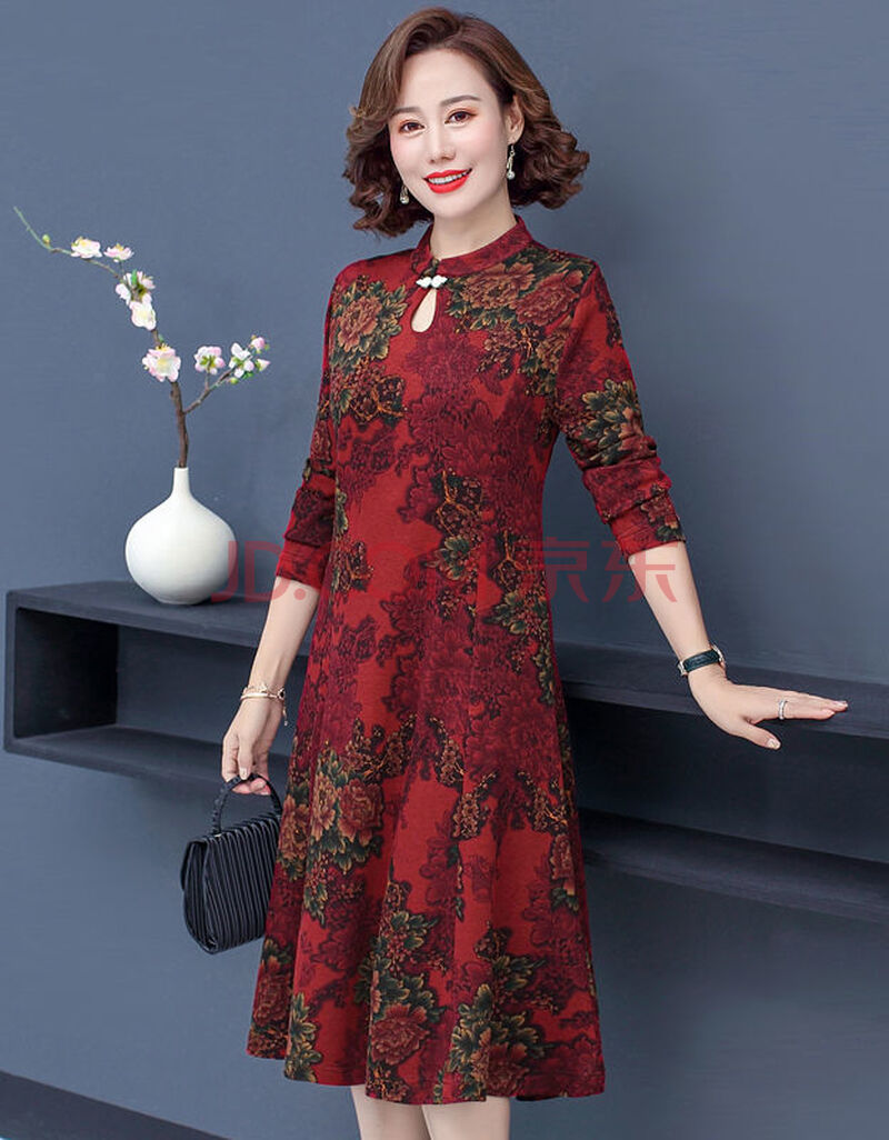 妈妈装冬装旗袍连衣裙新款中老年女装长袖秋季加绒加厚打底长裙子