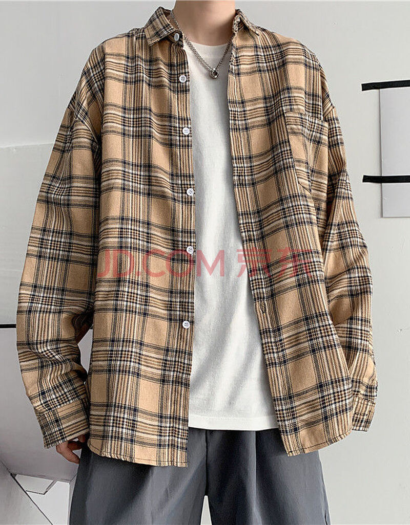 超火的格子衬衫男长袖韩版潮流休闲衬衣港风学生帅气百搭外套 卡其色