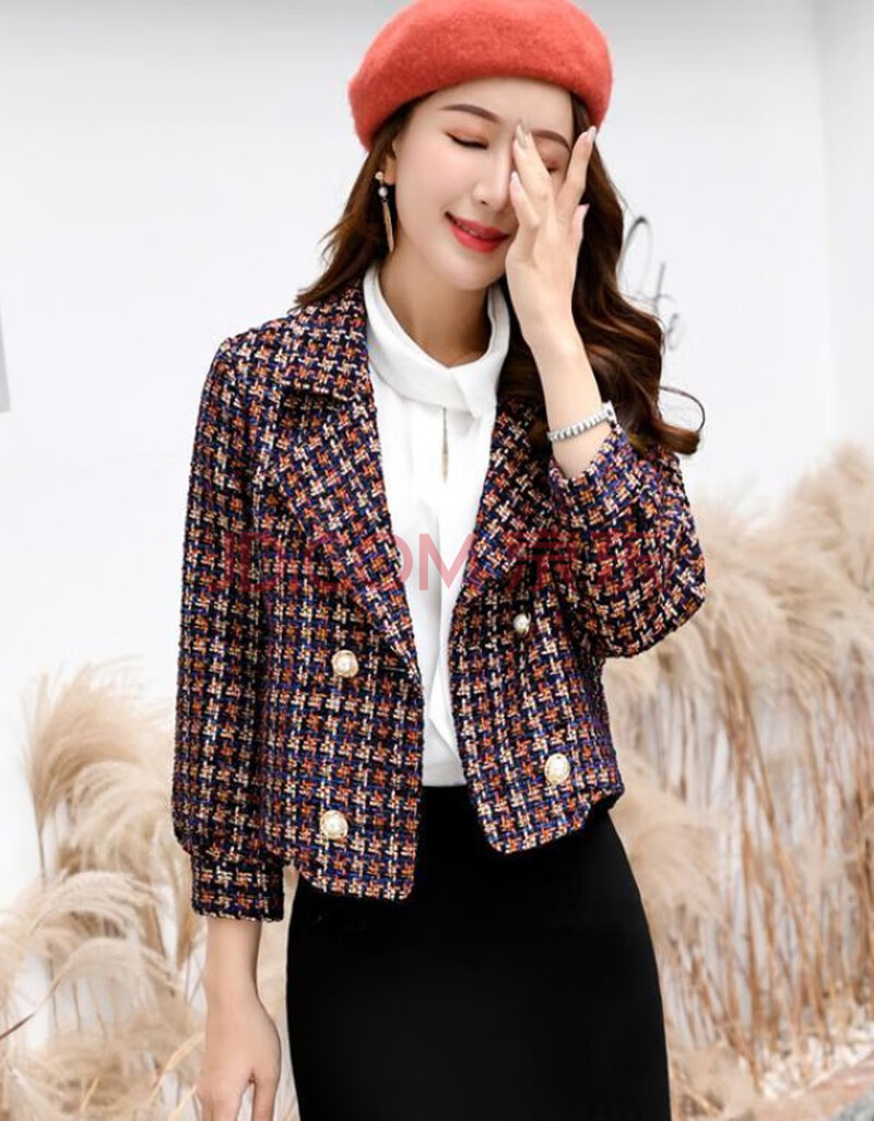 名媛小香风外套女士2020春装新款春秋百搭韩版格子小个子短款上衣 红