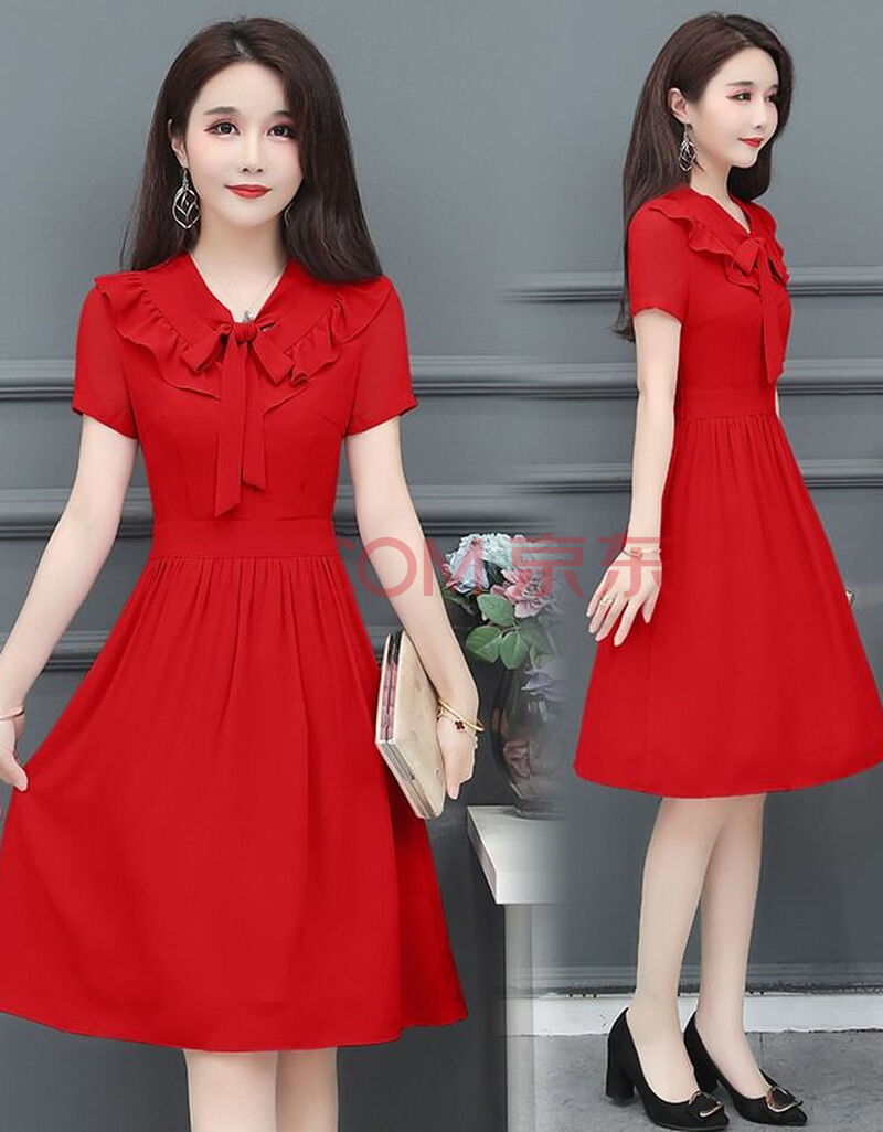 洋气雪纺连衣裙女款夏天小个子显瘦收腰气质超仙遮肚子a字裙 红色 2xl