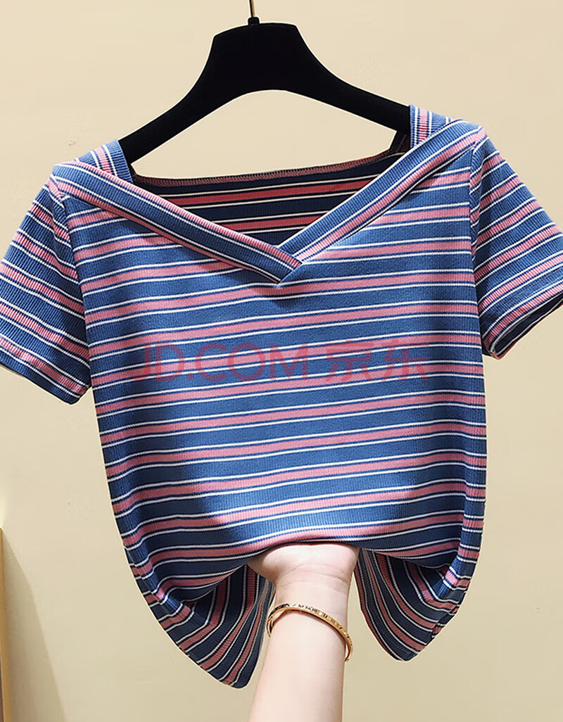 妮曼琪 新款夏季t恤女v领韩版彩虹条纹短袖心机ins显瘦彩条半袖上衣