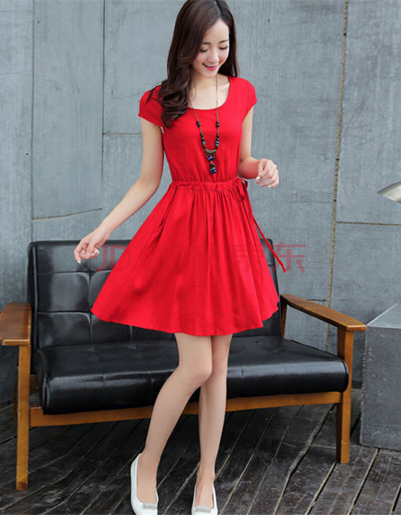 扉行依棉麻连衣裙夏季女装新款中长款夏装夏天修身大码短袖裙子 红色