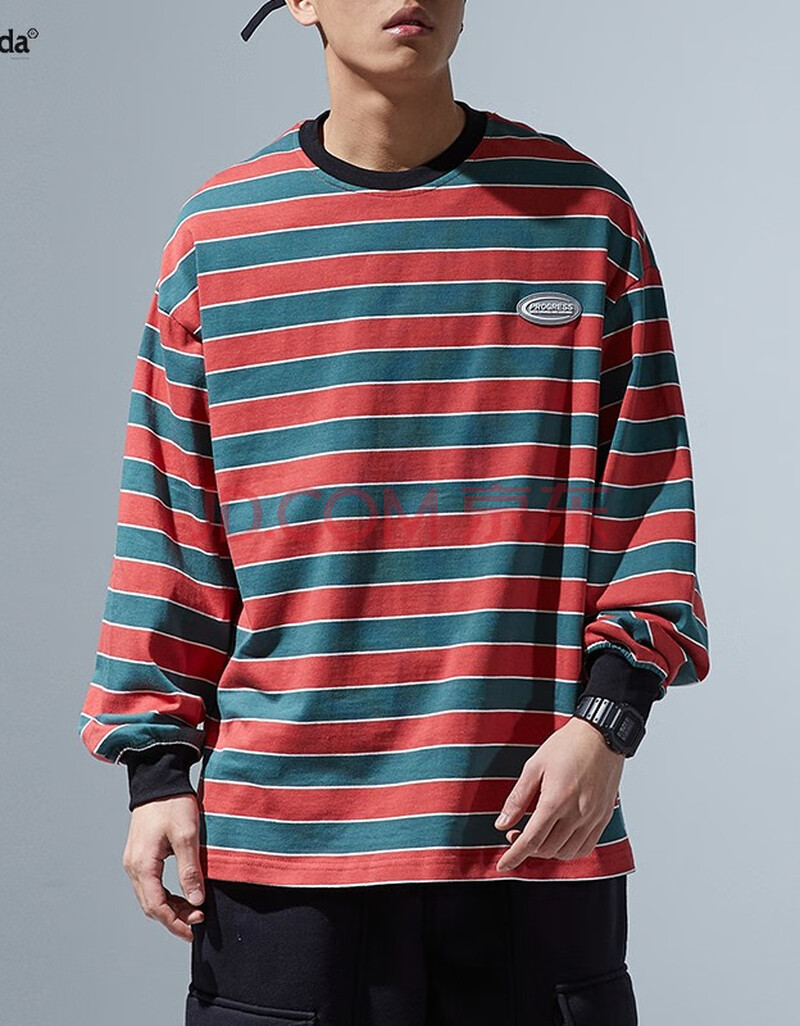 马切达春季日系条纹长袖t恤街头宽松休闲百搭海魂衫复古圆领tee男