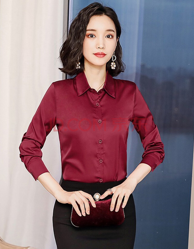 女长袖2021春夏季新款职业衬衣女修身显瘦时尚工作商务衬衫女 酒红色