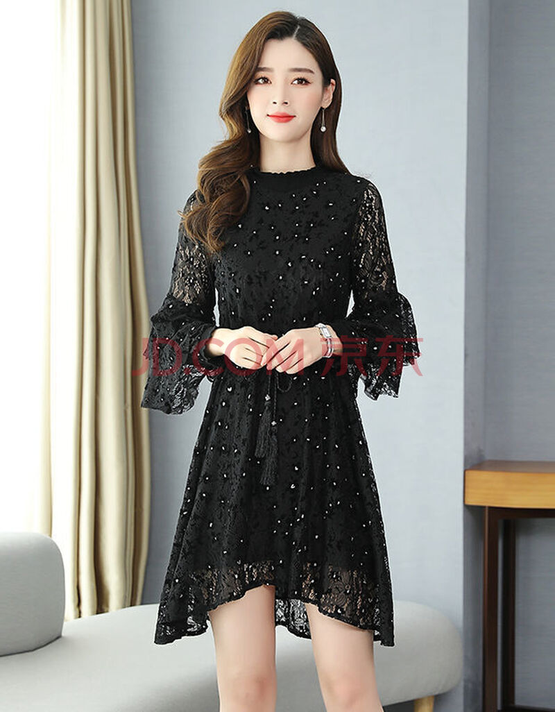 2021新款春季新款韩版立领黑色燕尾连衣裙女宽松显瘦中长款打底裙