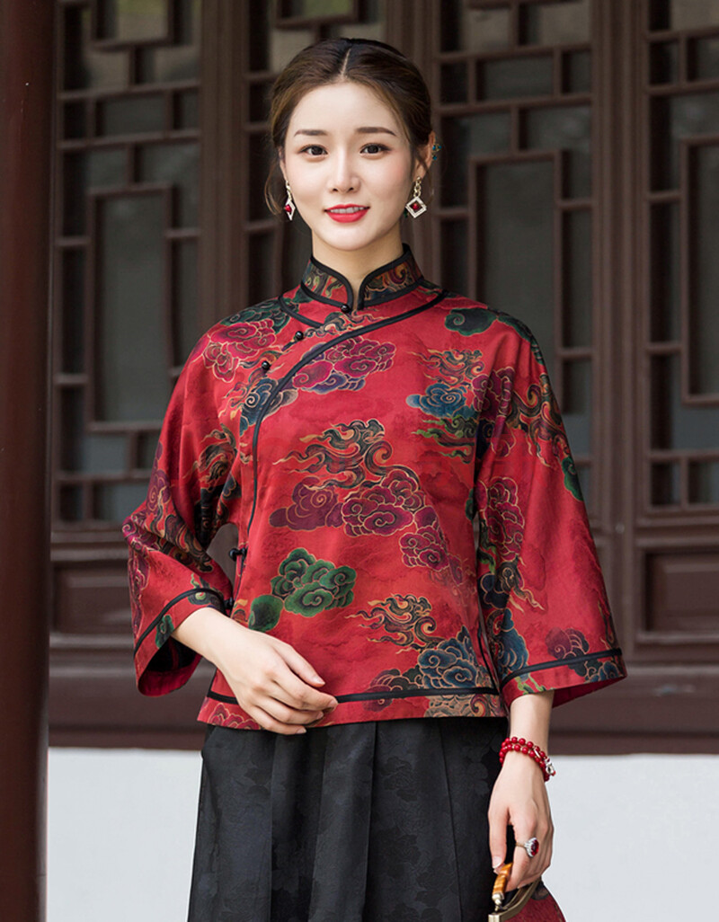 华族经典高端花罗香云纱唐装女中国风复古妈妈旗袍上衣时尚汉服夏