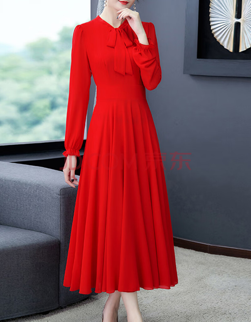 贞溪 长袖连衣裙女早秋装长款雪纺裙2021新款大号贵夫人高端洋气减龄