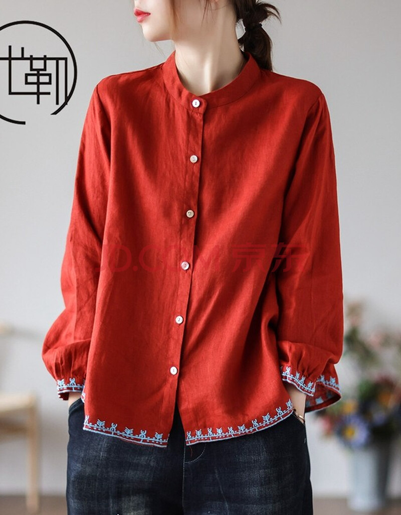 代勒文艺复古亚麻衬衫女长袖宽衬衣秋季新款刺绣棉麻减龄开衫上衣