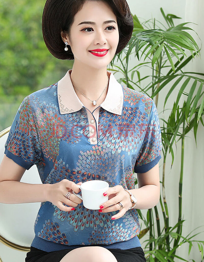 新款】妈妈装夏装上衣短袖大码洋气翻领冰丝t恤有领宽松中老年女体
