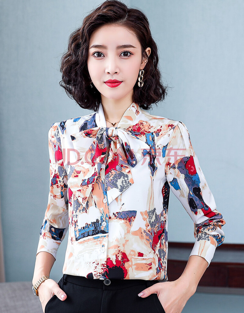 女长袖2021秋季新款蝴蝶结系带雪纺衬衣复古气质时尚洋气印花女士上衣
