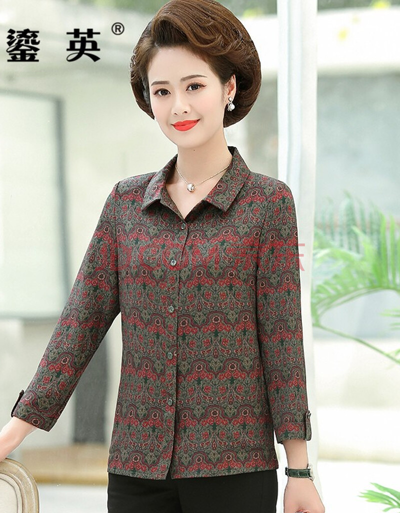 鎏英秋季新款印花长袖衬衫开衫外套40岁50中老年女装韩版宽松大码带