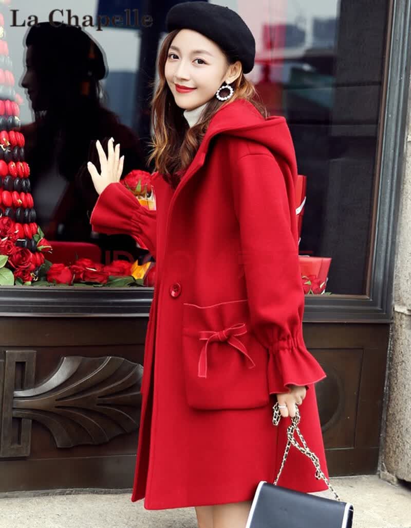 拉夏贝尔毛呢大衣女21年秋装中长款红色新款女韩版宽松呢子高定小香风