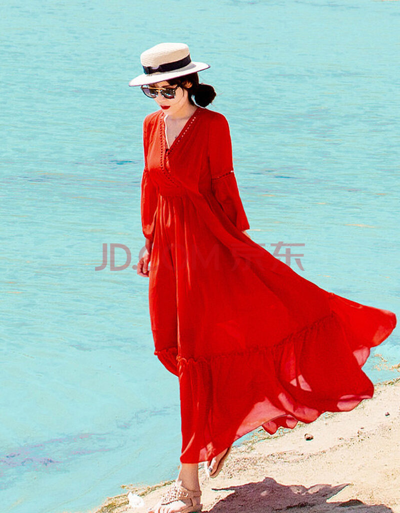 茶卡盐湖沙滩裙女仙民族风连衣裙红色红裙西北旅游拍照穿搭长裙 红 s