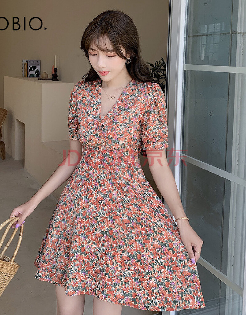 asobio 【*】经典小碎花短袖连衣裙度假风休闲百搭女士裙子 桔粉色 s