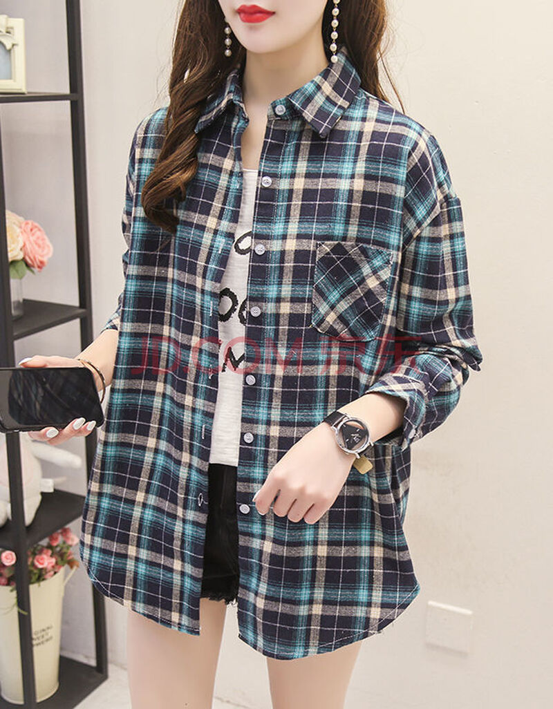 学生格子衬衫女长袖 韩版宽松2021春秋装新款学院风外穿衬衣外套 绿色