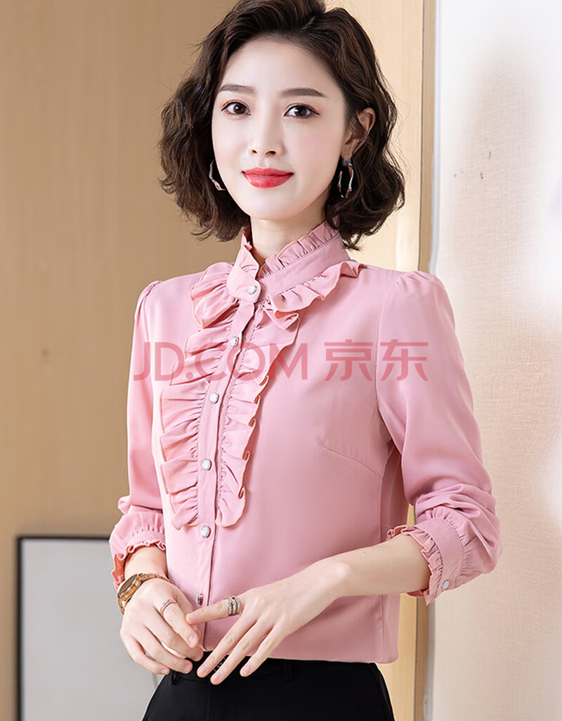衬衫女长袖春秋季2021年新款韩版宽松百搭时尚减龄木耳边衬衣 粉色