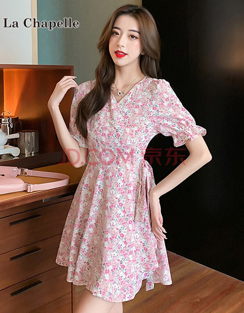 拉夏贝尔短袖连衣裙女2021年夏季女装新款气质时尚韩版百搭新品收腰