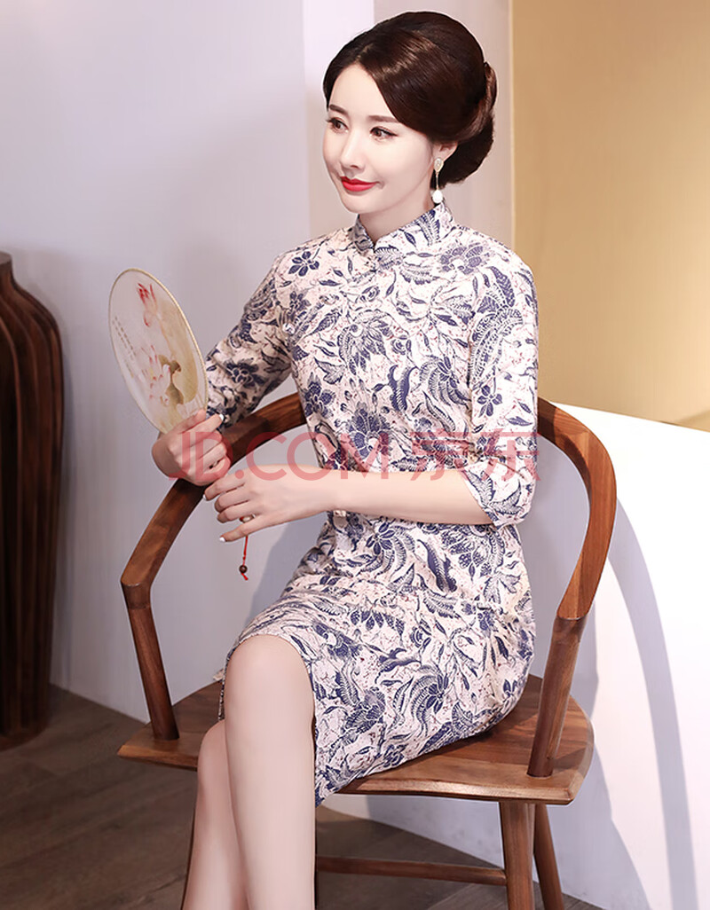 女士女式旗袍秋款七分袖亚麻旗袍秋装复古文艺修身显瘦改良中长款棉麻