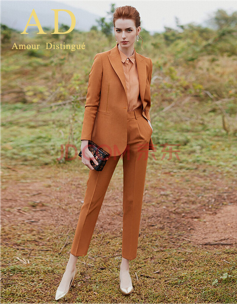 ad优雅复古焦糖色西装休闲套装女2020春季新款时尚长袖西服名媛职业