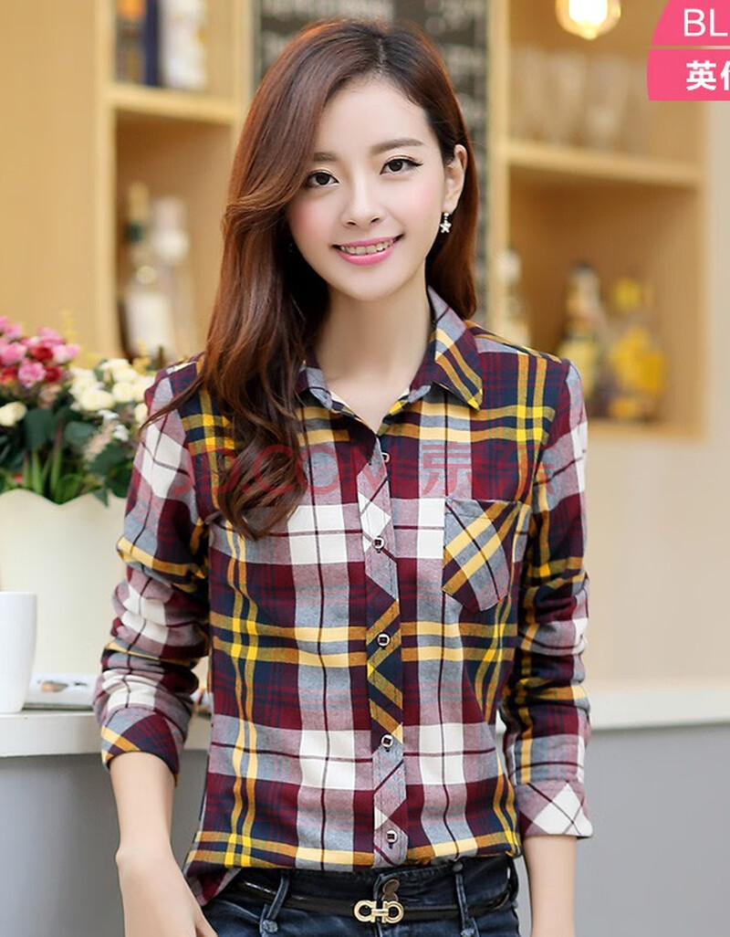 柏莉鸟春季新品女士纯棉格子长袖衬衫时尚休闲全棉法兰绒磨毛格子衬衣