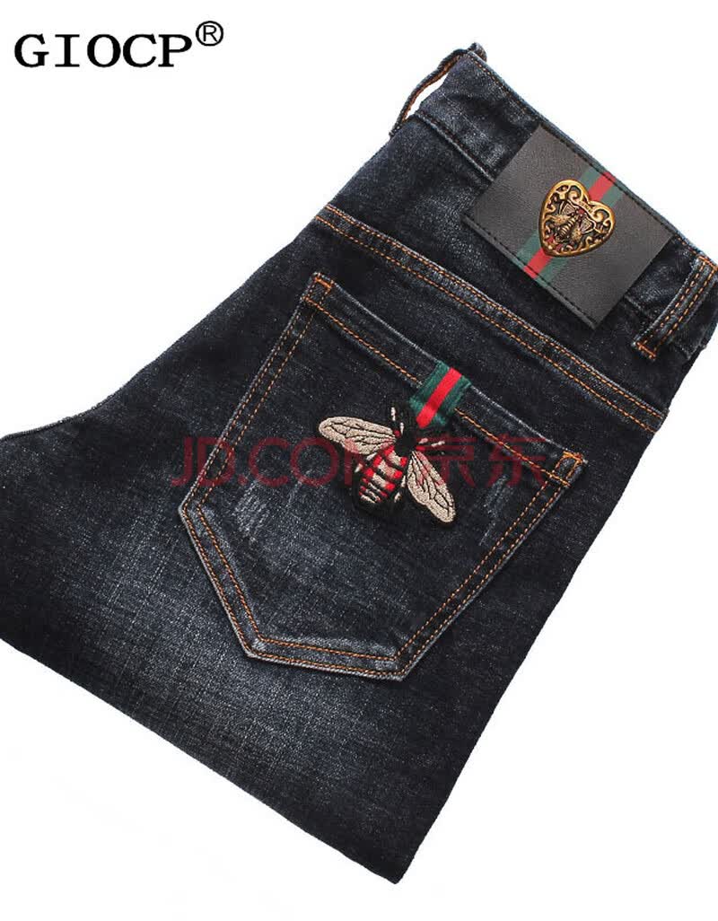 giocp欧美潮牌新款时尚裤子小蜜蜂刺绣牛仔裤男修身潮流弹力绣花小脚