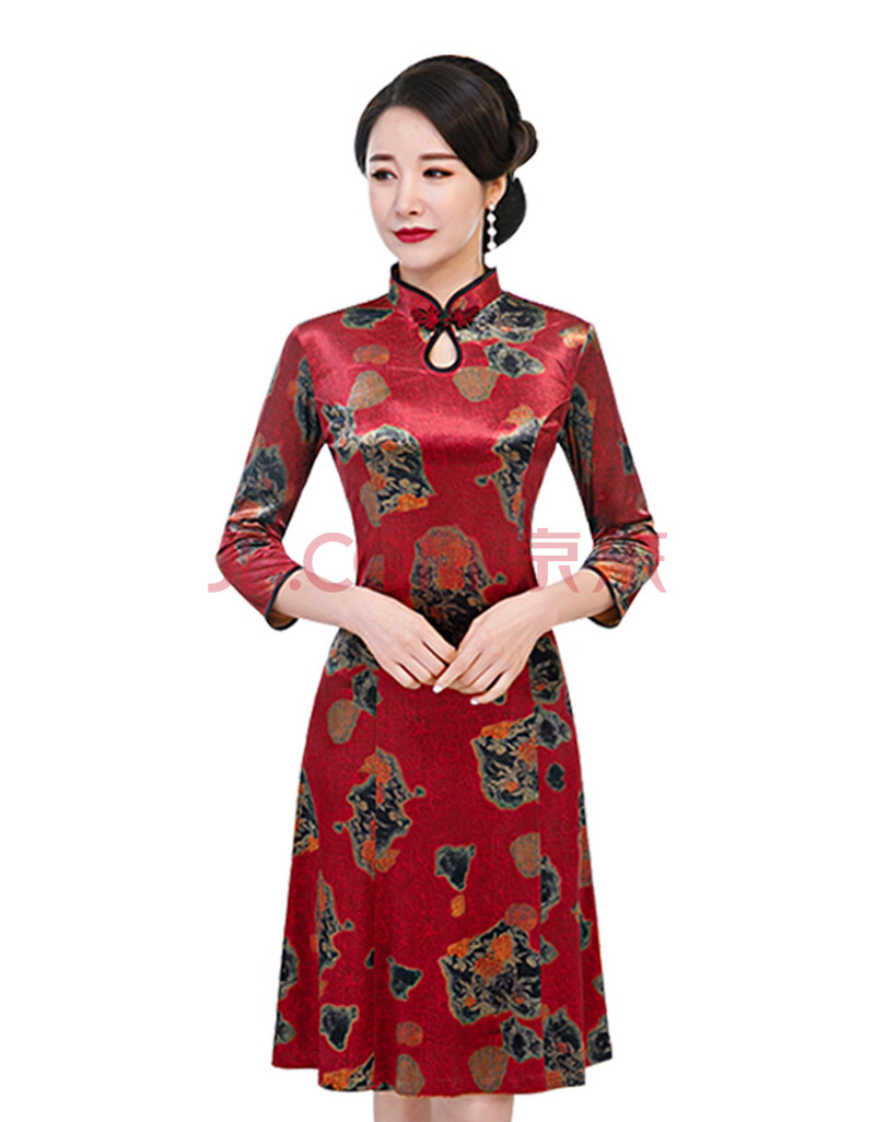 恒源祥 2021新款旗袍改良版连衣裙加绒加厚中年女复古中长款妈妈旗袍