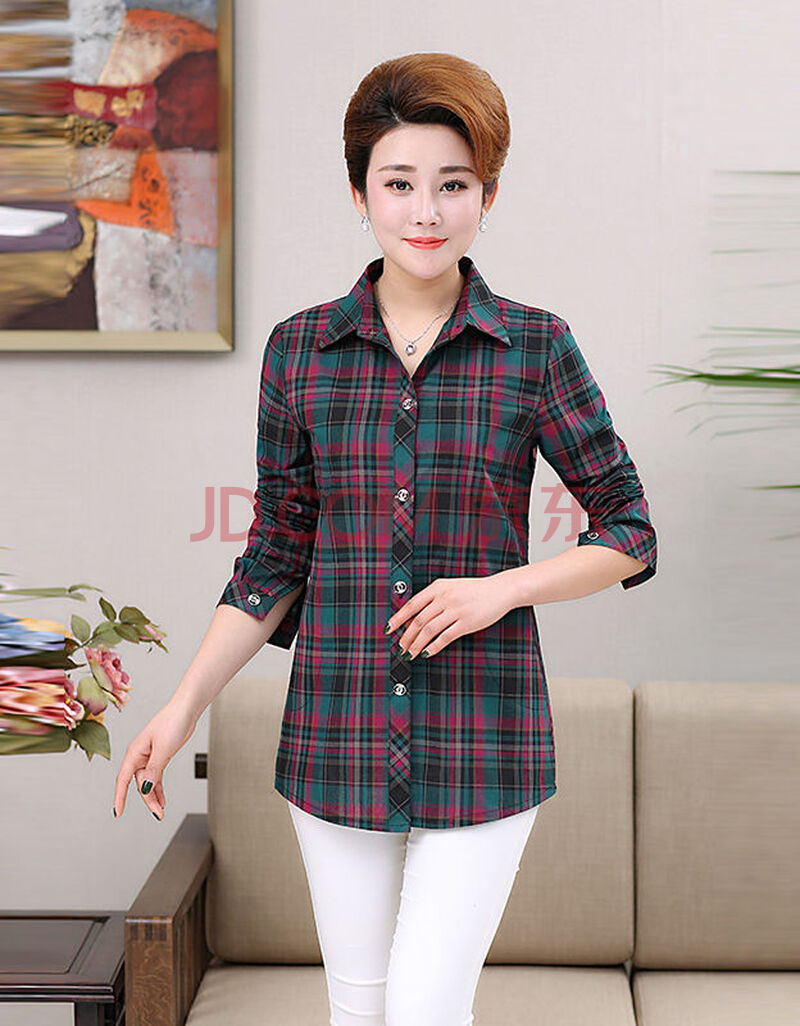 中年妈妈女装春秋棉质长袖格子衬衫女中老年人大码衬衣女士外套薄 2号