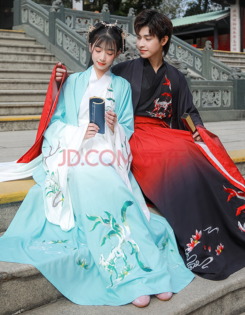 汉服男古装长袍全套情侣仙气交领长衫襦裙灵狐刺绣cp原创正版 青色内