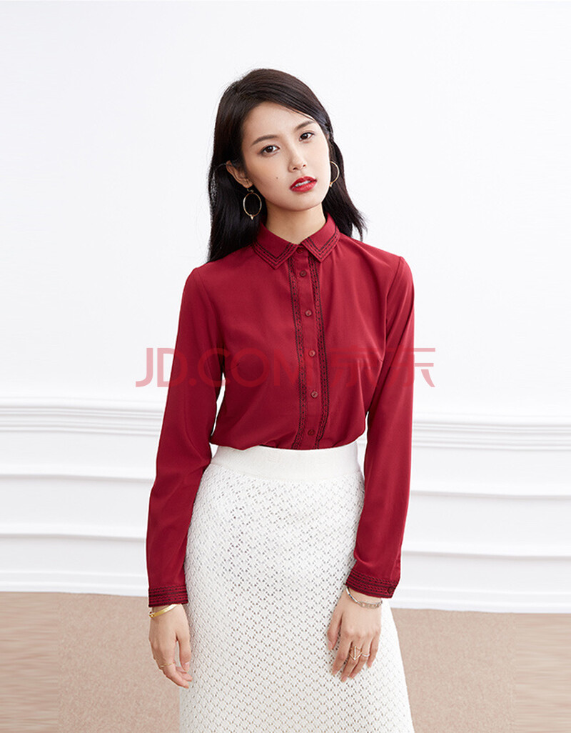 范思蓝恩 秋装新款女装刺绣雪纺衬衫女长袖 中长款百搭纯色绣花衬衣