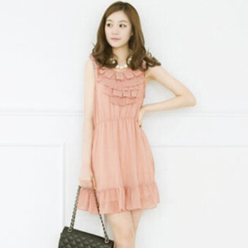 韩都衣舍 韩国新款夏装弓字褶雪纺连衣裙yk1452 fj 粉红 均码