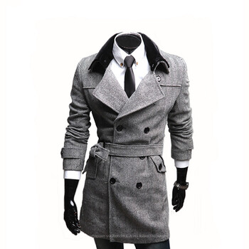 新款男士花港呢长款双排扣风衣 斜纹呢子腰带收腰中长款男士商务休闲