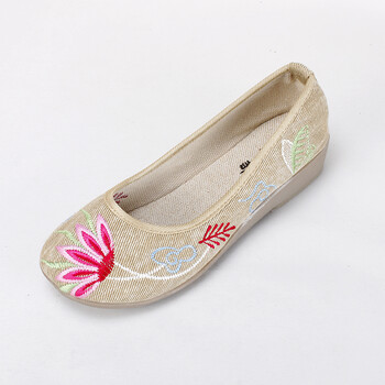 漱芳斋老北京绣花布鞋 春夏款休闲坡跟女鞋 个性 米白兰花/219yy61 38