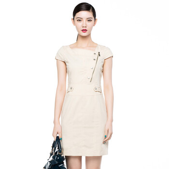 iaizo品质2013春装新款气质方领修身短袖连衣裙高腰铅笔裙女裙 米色 l