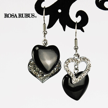 rosarubus 天然黑玛瑙 桃心满钻吊坠 防过敏耳环耳夹 女 e10235