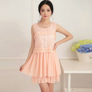 伦美2014春款无袖短裙雪纺连衣裙裙夏沙滩裙连衣裙蕾丝裙可爱 粉色 l